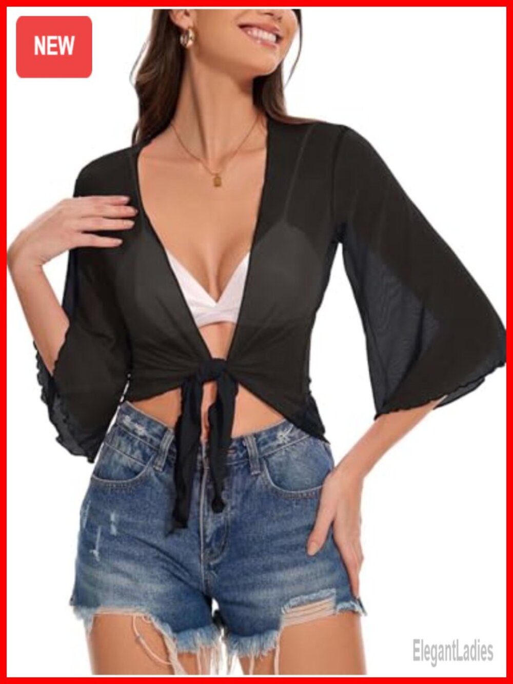 Women Sheer Mesh Bolero Shrug Tie Front 3/4 Sleeve Cropped Cardigan Cover Up